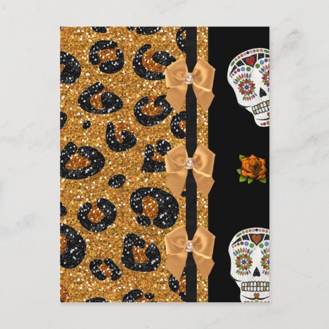 RAB Rockabilly Gold Leopard Print Sugar Skulls Postkarte (Vorderseite)