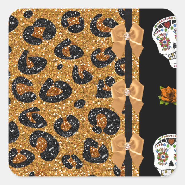 RAB Rockabilly Gold Leopard Print Sugar Skulls Quadratischer Aufkleber (Vorderseite)