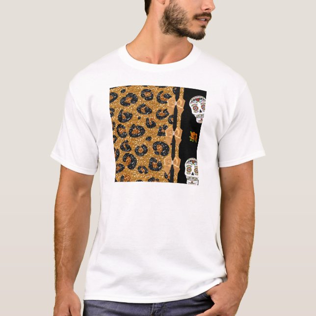 RAB Rockabilly Gold Leopard Print Sugar Skulls T-Shirt (Vorderseite)