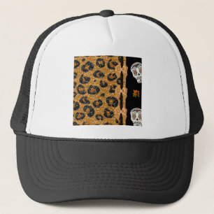 RAB Rockabilly Gold Leopard Print Sugar Skulls Truckerkappe