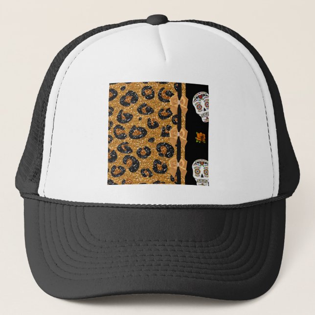 RAB Rockabilly Gold Leopard Print Sugar Skulls Truckerkappe (Vorderseite)