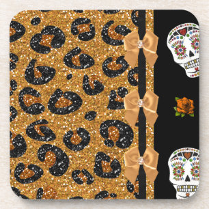 RAB Rockabilly Gold Leopardenprint Zucker-Schädel Getränkeuntersetzer