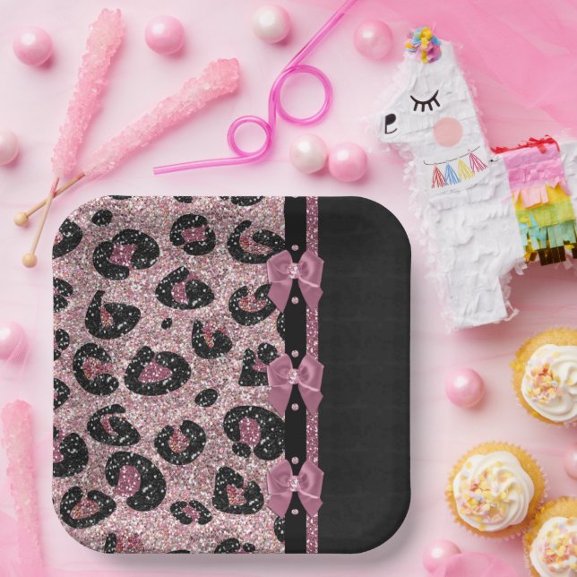 RAB Rockabilly Pink Leopard Print Ribbon Bows Pappteller (Party)