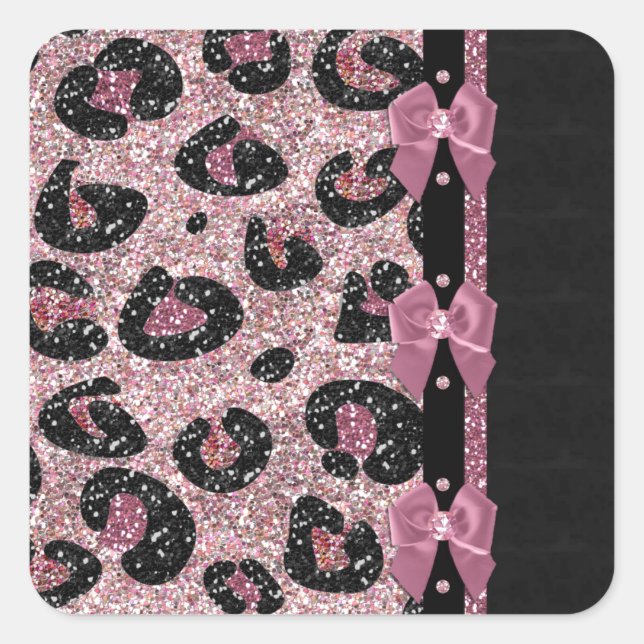 RAB Rockabilly Pink Leopard Print Ribbon Bows Quadratischer Aufkleber (Vorderseite)