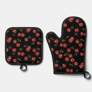 RAB Rockabilly Sehr Kirschen Kirschen Auf Schwarz Ofenhandschuh & Topflappen-Set