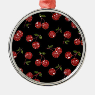 RAB Rockabilly Sehr Kirschen Kirschen Auf Schwarz Silbernes Ornament