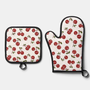 RAB Rockabilly Sehr Kirschen Kirschen Auf Weiß Ofenhandschuh & Topflappen-Set