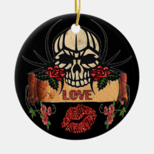 RAB Rockabilly Skull Rose Liebe Lipstick Keramik Ornament