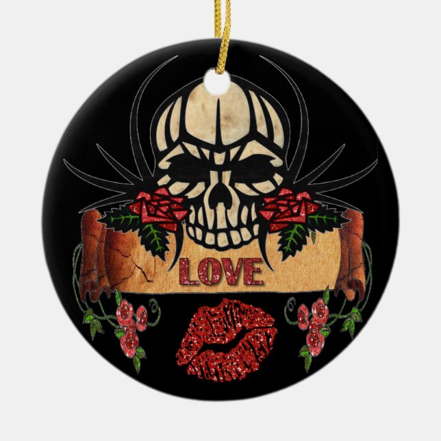 RAB Rockabilly Skull Rose Liebe Lipstick Keramik Ornament (Vorne)