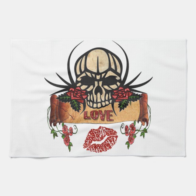 RAB Rockabilly Skull Rose Liebe Lipstick Küchentuch (Horizontal)