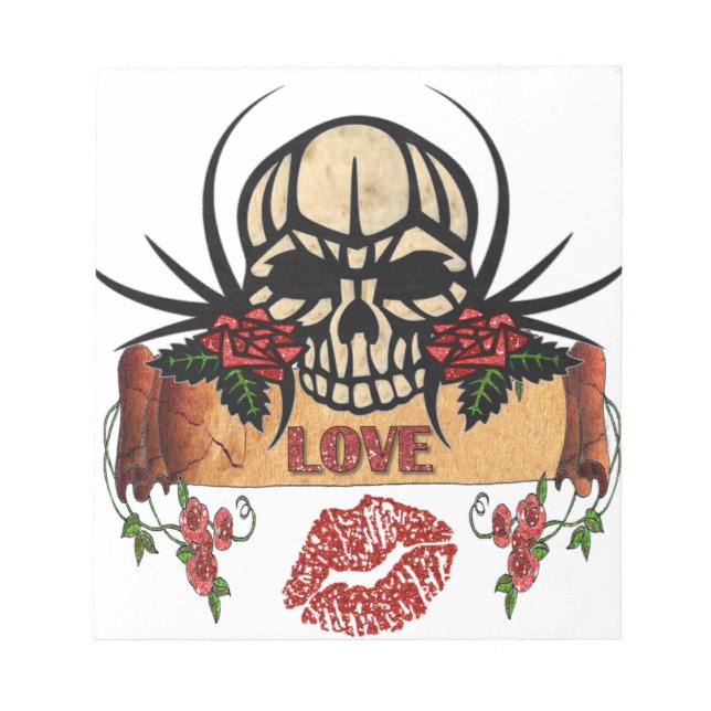 RAB Rockabilly Skull Rose Liebe Lipstick Notizblock (Vorderseite)