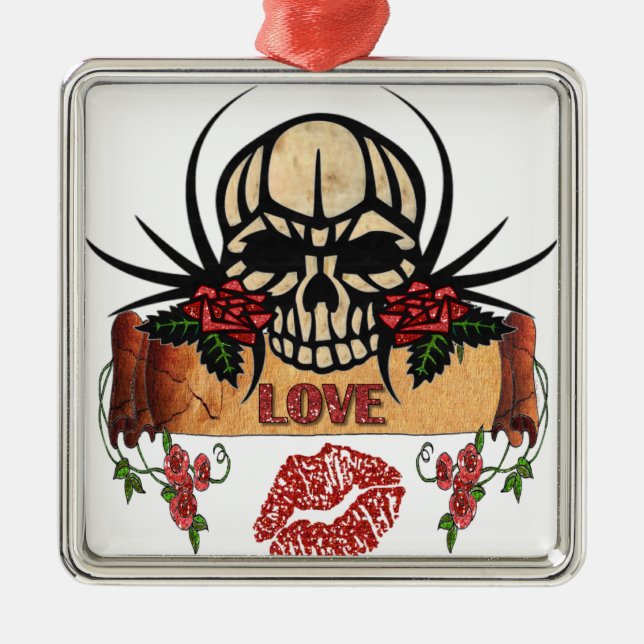 RAB Rockabilly Skull Rose Liebe Lipstick Ornament Aus Metall (Vorne)