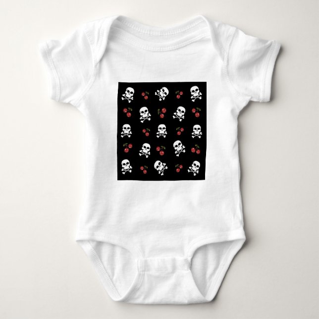 RAB Rockabilly Skulls and Cherries on Black Baby Strampler (Vorderseite)