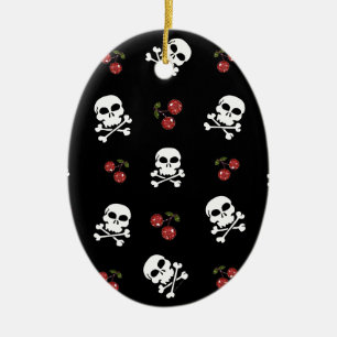 RAB Rockabilly Skulls and Cherries on Black Keramik Ornament