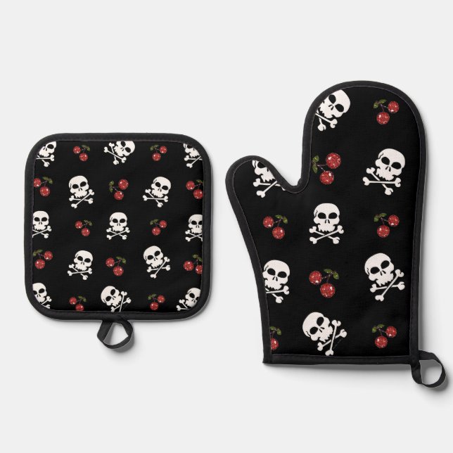 RAB Rockabilly Skulls and Cherries on Black Ofenhandschuh & Topflappen-Set (Vorderseite)