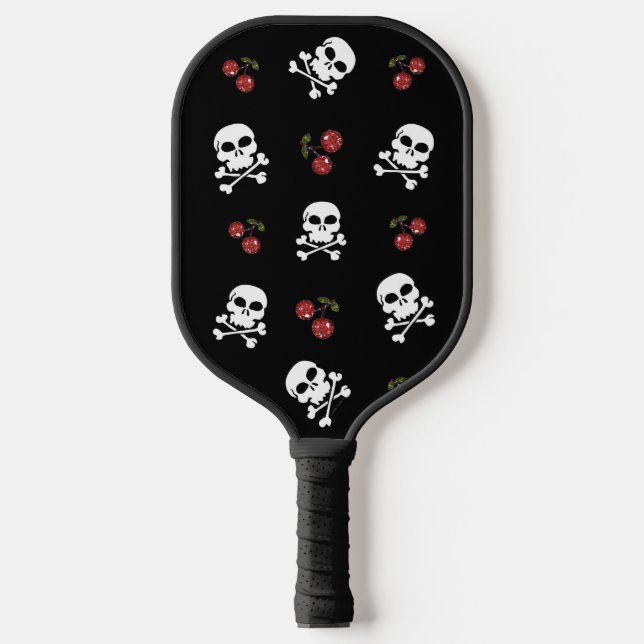 RAB Rockabilly Skulls and Cherries on Black Pickleball Schläger (Vorderseite)