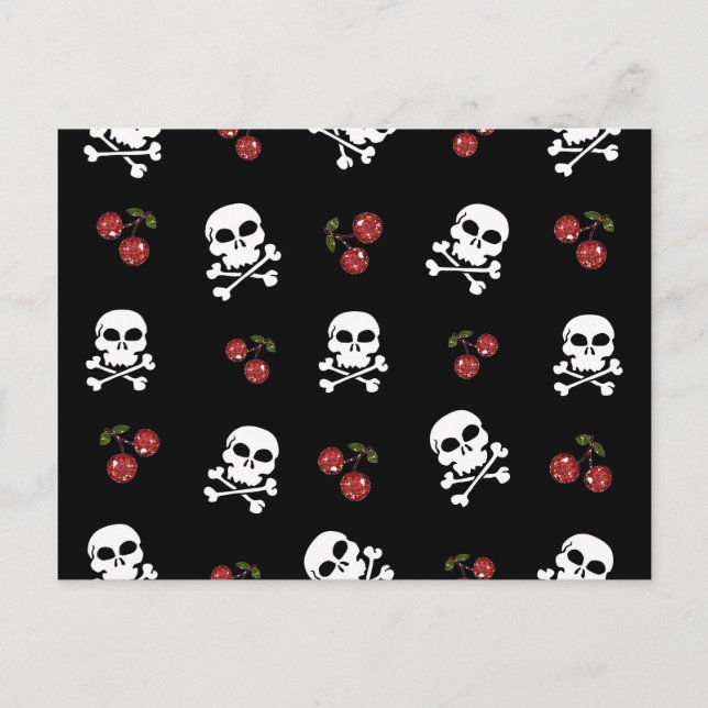 RAB Rockabilly Skulls and Cherries on Black Postkarte (Vorderseite)