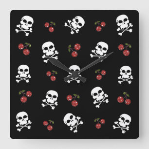 RAB Rockabilly Skulls and Cherries on Black Quadratische Wanduhr
