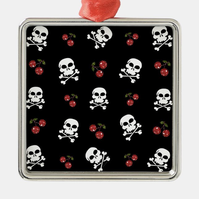 RAB Rockabilly Skulls and Cherries on Black Silbernes Ornament (Vorne)