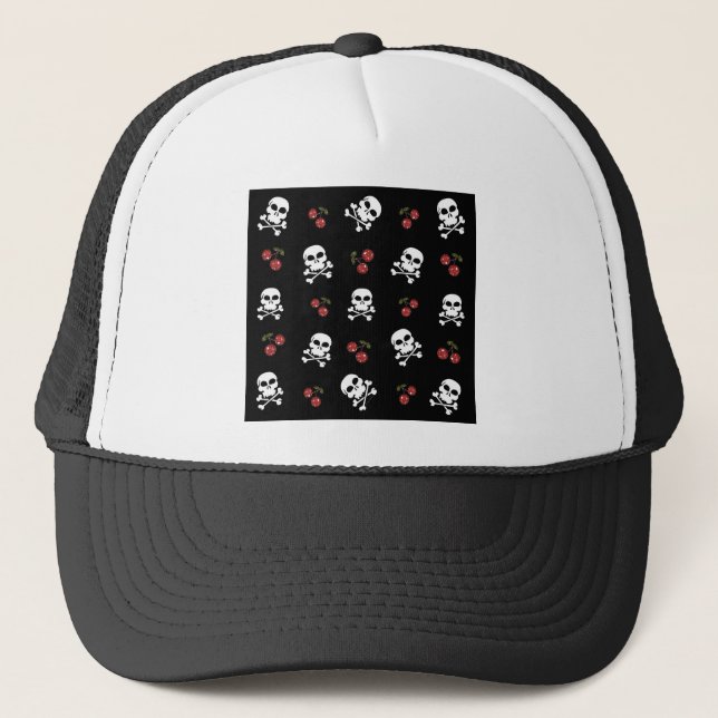 RAB Rockabilly Skulls and Cherries on Black Truckerkappe (Vorderseite)