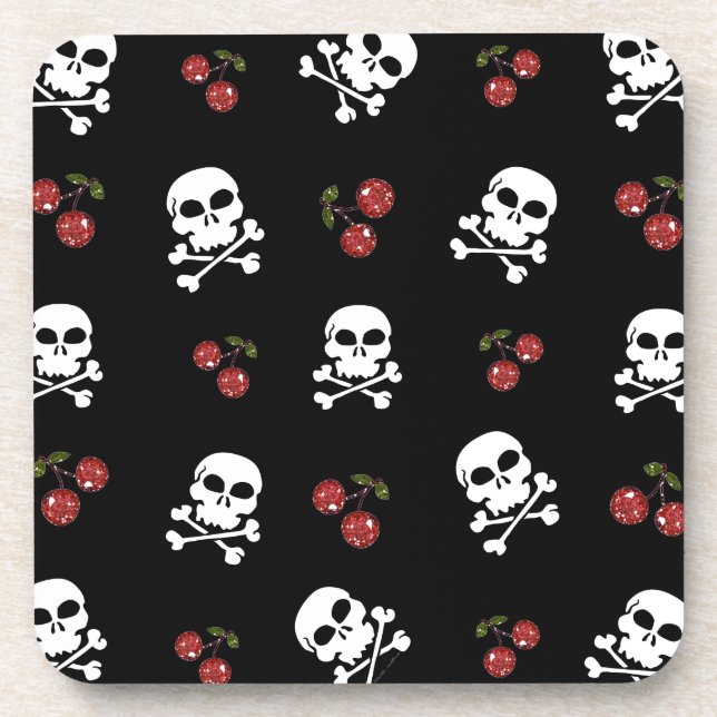 RAB Rockabilly Skulls and Cherries on Black Untersetzer (Vorderseite)