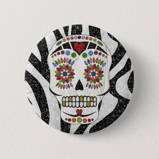 RAB Rockabilly Sugar Skull auf Zebra Print Button (Vorderseite)