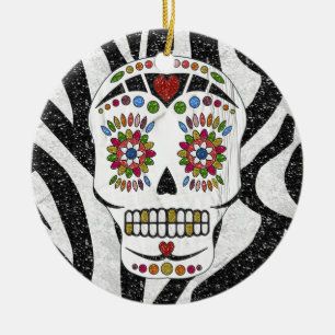RAB Rockabilly Sugar Skull auf Zebra Print Keramik Ornament