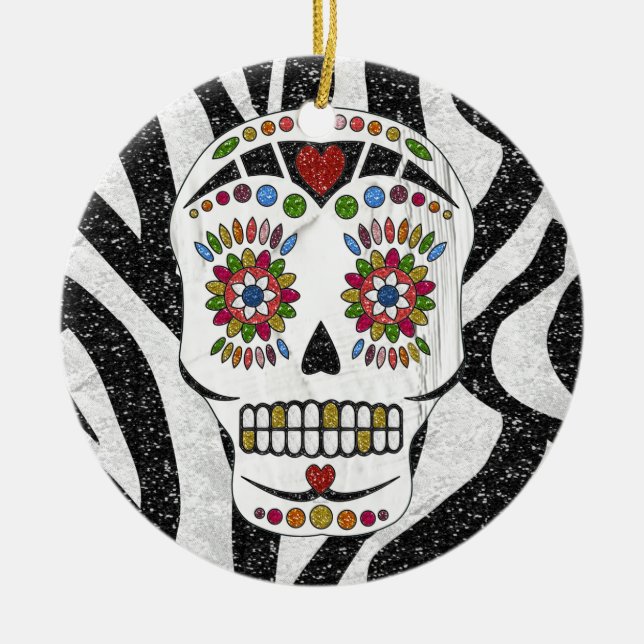 RAB Rockabilly Sugar Skull auf Zebra Print Keramik Ornament (Vorne)
