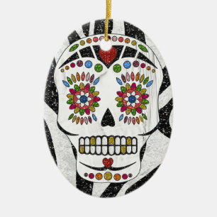 RAB Rockabilly Sugar Skull auf Zebra Print Keramik Ornament