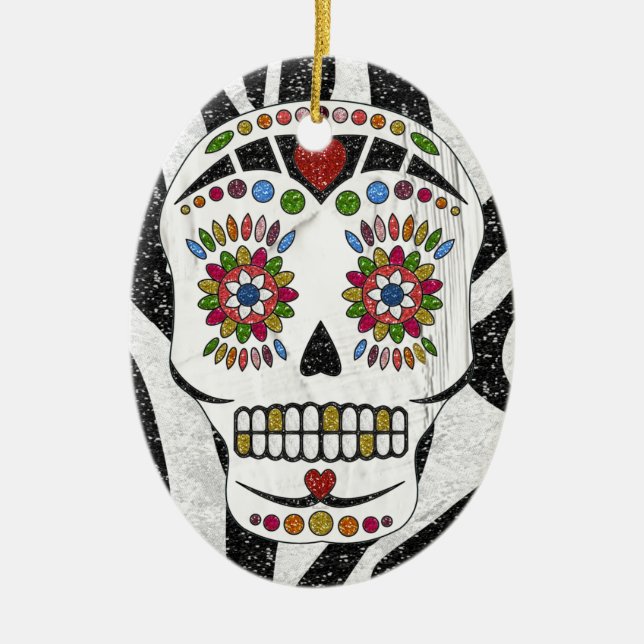 RAB Rockabilly Sugar Skull auf Zebra Print Keramik Ornament (Vorne)