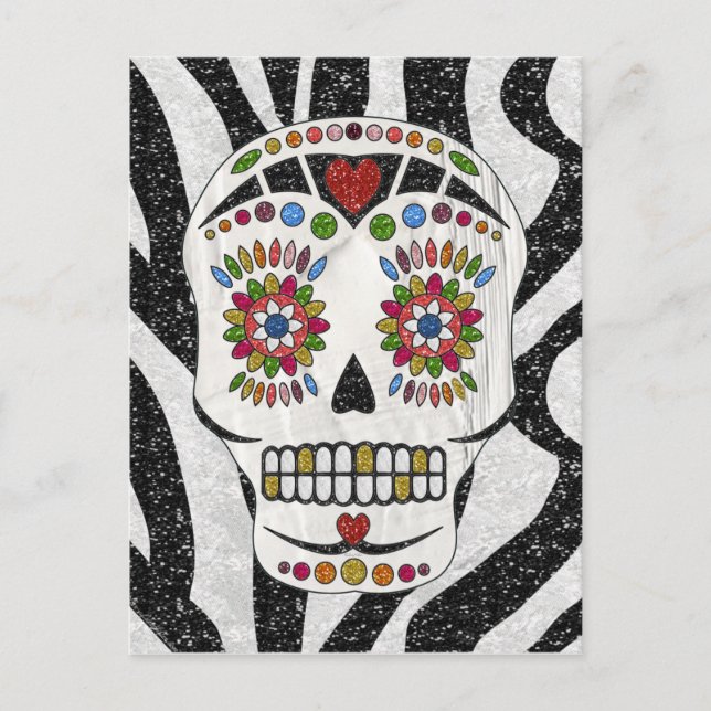 RAB Rockabilly Sugar Skull auf Zebra Print Postkarte (Vorderseite)