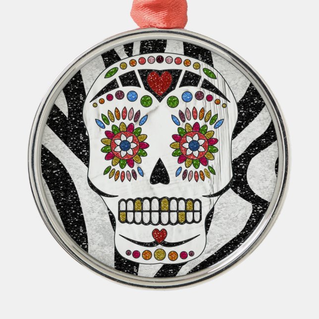 RAB Rockabilly Sugar Skull auf Zebra Print Silbernes Ornament (Vorne)
