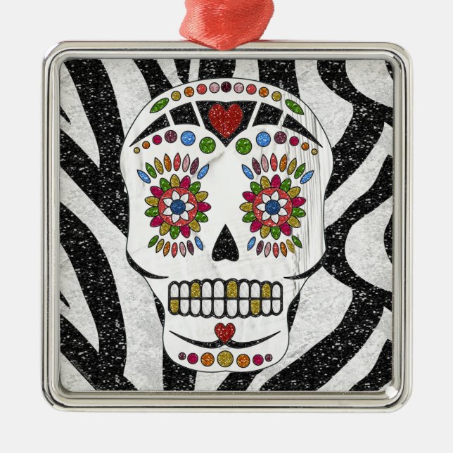 RAB Rockabilly Sugar Skull auf Zebra Print Silbernes Ornament (Vorne)