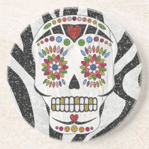 RAB Rockabilly Sugar Skull auf Zebra Print Untersetzer