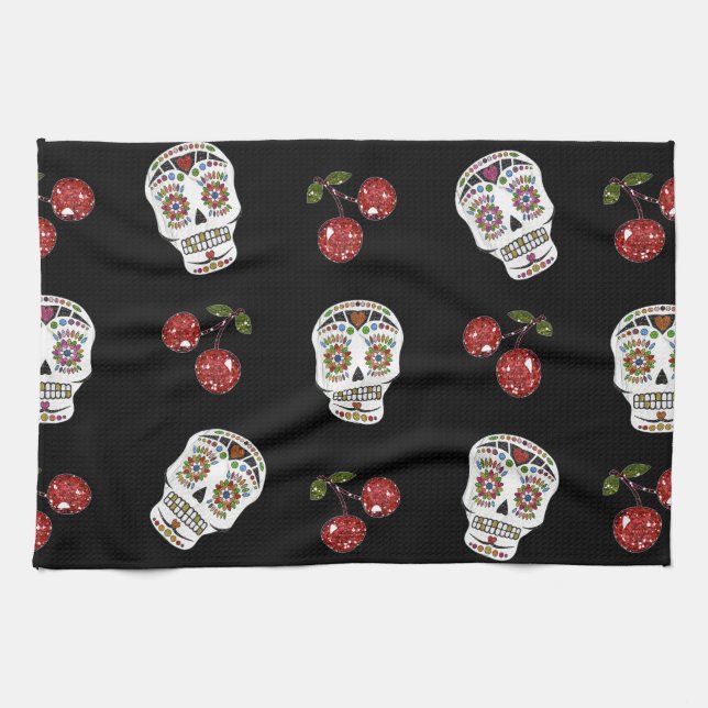 RAB Rockabilly Sugar Skulls Kirschen Kirschen auf  Geschirrtuch (Horizontal)