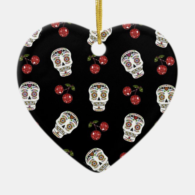 RAB Rockabilly Sugar Skulls Kirschen Kirschen auf  Keramik Ornament (Vorne)
