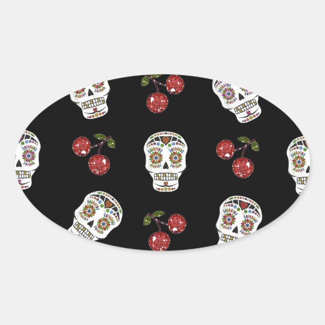 RAB Rockabilly Sugar Skulls Kirschen Kirschen auf  Ovaler Aufkleber (Vorderseite)