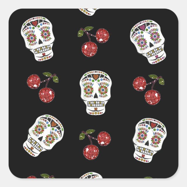 RAB Rockabilly Sugar Skulls Kirschen Kirschen auf  Quadratischer Aufkleber (Vorderseite)