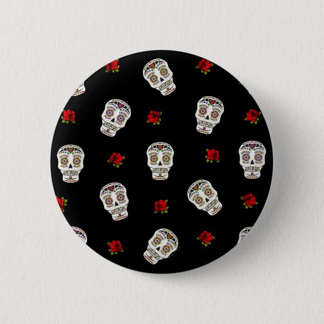 RAB Rockabilly Sugar Skulls Rose auf schwarz Button (Vorderseite)
