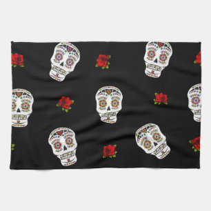 RAB Rockabilly Sugar Skulls Rose auf schwarz Geschirrtuch