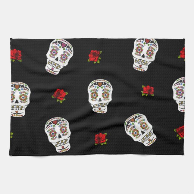RAB Rockabilly Sugar Skulls Rose auf schwarz Geschirrtuch (Horizontal)