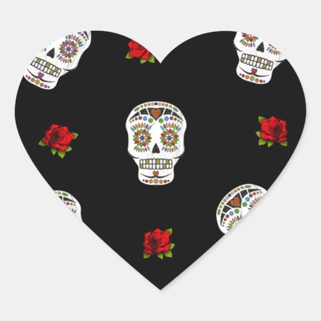 RAB Rockabilly Sugar Skulls Rose auf schwarz Herz-Aufkleber (Vorderseite)