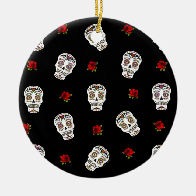 RAB Rockabilly Sugar Skulls Rose auf schwarz Keramik Ornament (Vorne)
