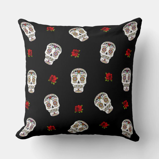RAB Rockabilly Sugar Skulls Rose auf schwarz Kissen (Vorderseite)