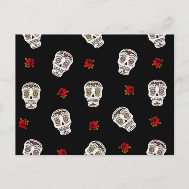 RAB Rockabilly Sugar Skulls Rose auf schwarz Postkarte (Vorderseite)