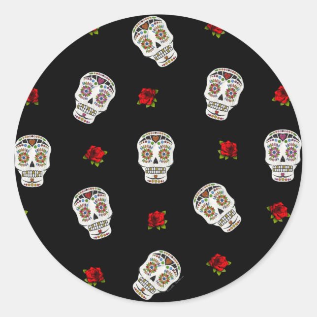 RAB Rockabilly Sugar Skulls Rose auf schwarz Runder Aufkleber (Vorderseite)