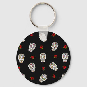 RAB Rockabilly Sugar Skulls Rose auf schwarz Schlüsselanhänger