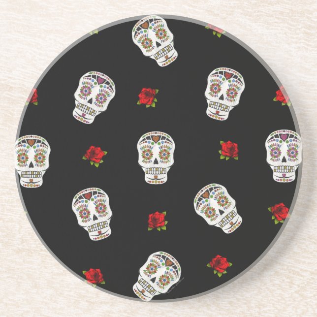 RAB Rockabilly Sugar Skulls Rose auf schwarz Untersetzer (Vorne)