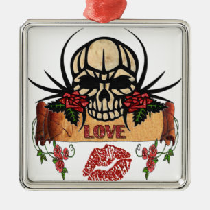 RAB Rockabilly Totenkopf Rosen Lippenstift Liebe Ornament Aus Metall