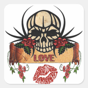 RAB Rockabilly Totenkopf Rosen Lippenstift Liebe Quadratischer Aufkleber